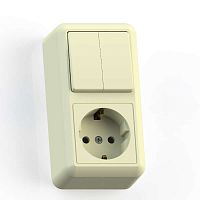 ОПТИМА Блок комбинированный открытой установки (двухклавишный выключатель+ розетка с заземляющим контактом) БКВР-428, слоновая кость | код 8088 | Кунцево-Электро