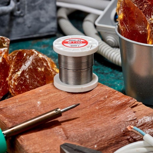 Припой с канифолью ПОС-61, 100г, 1мм, (олово 61%, свинец 39%), катушка | код 09-3171 | REXANT фото 2