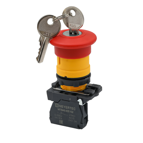 Кнопка грибовидная аварийной остановки с ключом, красная, 40 мм, возврат поворотом с фиксацией, 1NC, IP65, пластик MTB5-AS142 | код 137251 | MEYERTEC