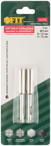Коронки кольцевые по керамограниту, камню и кафелю алмазные, набор 2 шт, 6х67 мм | код 16201 | FIT фото 3