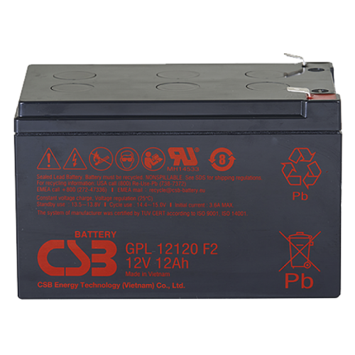 CSB GPL12120 F2 Аккумуляторная батарея для ИБП, напряжение: 12В, ёмкость: 12Ач, клеммы типа: F2, Размеры ДШВ: 151х98х94,1мм, вес: 4,10кг. Срок службы: 8 лет. | код CSB GPL12120 F2 | CSB