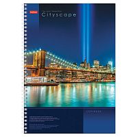 Тетрадь А4, 100 л., HATBER, спираль, клетка, глянцевый лак, карман, CITYSCAPE ( Город ), 100Ткм4B1сп_12523, T170090 | код 402423 | HATBER