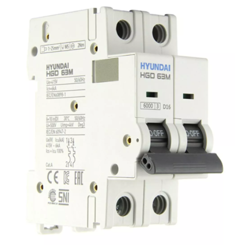 Автоматический выключатель HGD63-M 2PMDS0000C 00016 2 полюса, 16А, ток к.з. 6kA, хар-ка D (STANDARD) | код 13.04.001011 | HYUNDAI Автоматический выключатель HGD63-M 2PMDS0000C 00016 2 полюса, 16А, ток к.з. 6kA, хар-ка D (STANDARD) | код 13.04.001011 | HYUNDAI