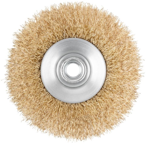 Корщетка-колесо с наклоном, гайка М14, стальная латунированная волнистая проволока 125 мм, блистер | код 39085 | FIT фото 6