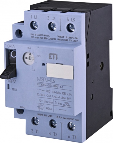 Автоматический выключатель защиты двигателя MSP0-0,6 (0,12-0,18 kW, 0.4-0.6A) | код 004646618 | ETI