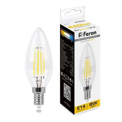 Лампа светодиодная LED 9вт Е14 теплый свеча FILAMENT | код 25956 | Feron