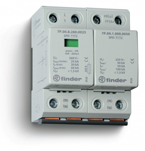 Устройство защиты от импульсных перенапряжений УЗИП тип 1+2 (1 варистор/искровый разрядник + 1 искровый разрядник), модульный, ширина 72мм, степень защиты IP20 | код 7P0282601025 | FINDER