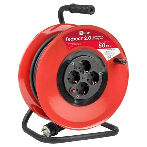 Удлинитель на катушке "Гефест 2,0" 4 гнезда 50м с заземлением и предохранителем КГ 3*1,5 16А/3,5кВт PROxima | код UKG02-16-R315-4-50 | EKF