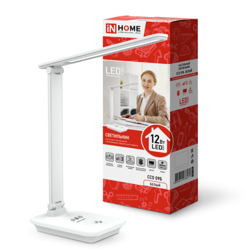 Светильник настольный светодиодный ССО 09Б 12Вт 3000-6500К 600лм сенсор-диммер с беспров. зарядкой для телефона с адаптером бел.