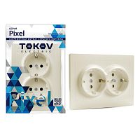 Розетка 2-м СП Pixel 16А IP20 с заземл. защ. шторки в сборе беж. | код TKE-PX-R2FZSF-C02 | TOKOV ELECTRIC