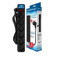 Удлинитель с сетевым фильтром 6х3м с заземл 10А IP20 2.2кВт ПВС 3х1 с выкл. черн. DOMTOK 2522