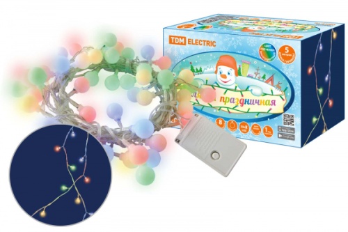Гирлянда светодиодная Шарики 50LED, 5м, 8 режимов, многоцвет., прозр. шнур, 250 В, TDM | код SQ0361-0046 | TDM