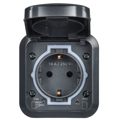 TORS Розетка 1-местная с заземлением защитными шторками и крышкой с иконкой самокат 16А IP55 TS121 графит IEK | код TS-R110-16-55-K53 | IEK TORS Розетка 1-местная с заземлением защитными шторками и крышкой с иконкой самокат 16А IP55 TS121 графит IEK | код TS-R110-16-55-K53 | IEK