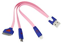 USB 3 в 1 кабель Lightning/30pin/micro USB/PVC/flat/pink/0,15m/REXANT | код 18-4251 | REXANT