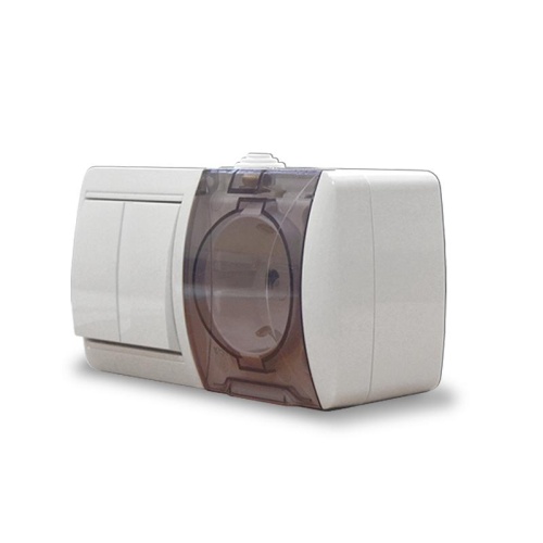 Клио блок наружный горизонтальный: выключатель двухклавишный + розетка с прозрачной крышкой, IP54, с/з, 16А, 220В, белый | код К2239 | Universal