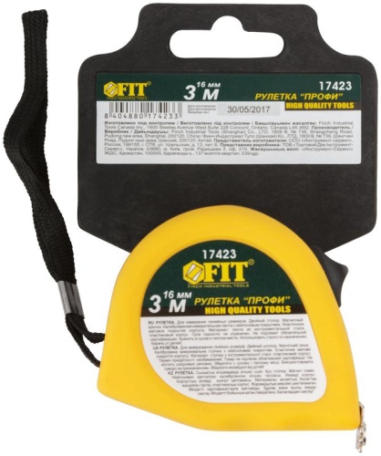 Рулетка Профи, калибр.лента, нейлон.покр., магн.крючок, эласт.корпус черн-желт., двойн.стопор 3 м х 16 мм | код 17423 | FIT фото 3