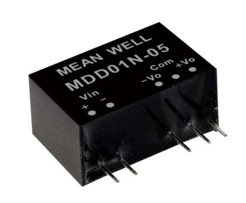Источник питания DC-DC, 1 Вт, вход 21.6…26.4В, выход ±9В/±56мА, изоляция 6000В DC, SIP7 19.5х9.8х12.5мм, -40...+85С | код MDD01N-09 | MeanWell