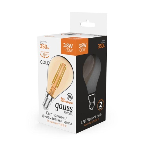Лампа светодиодная филаментная LED 3.8 Вт 350 лм 2400К шар P45 теплый E14 AC 220В золотистая колба Basic Gauss | код 1057154 | Gauss фото 5