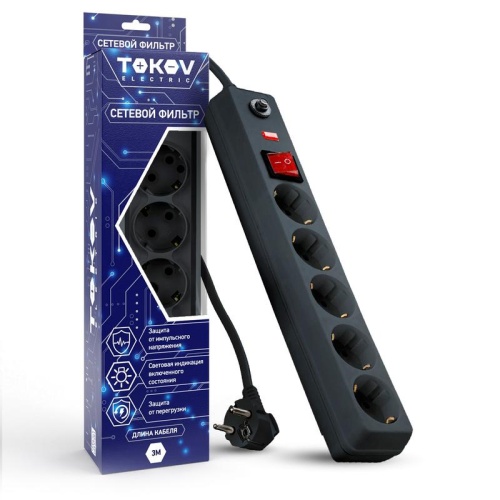 Удлинитель с сетевым фильтром 5х3м с заземл. с выкл. 16А с защ. от скачков напр. и перегрузок 3х1 сер. | код. TKE-C06-SF5-3-ZV | TOKOV ELECTRIC Удлинитель с сетевым фильтром 5х3м с заземл. с выкл. 16А с защ. от скачков напр. и перегрузок 3х1 сер. | код. TKE-C06-SF5-3-ZV | TOKOV ELECTRIC