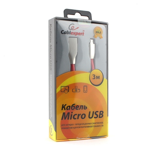 Кабель USB 2.0 Cablexpert CC-G-mUSB01R-3M, AM/microB, серия Gold, длина 3м, красный, блистер | код CC-G-mUSB01R-3M | Cablexpert
