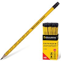 Карандаш чернографитный BRAUBERG, 1 шт., Смайлики, НВ, c резинкой, корпус желтый, заточенный, 180654 | код 180654 | BRAUBERG