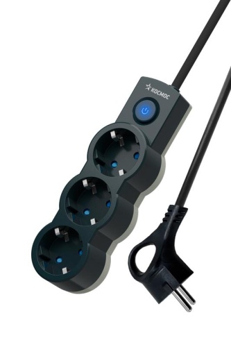 Удлинитель 3х1.5м ПВС 3х0.75 с защ. шторк. с заземл. IP20 с выкл. 220В 10А 2200Вт черн. | код YKsm1.5m-3g-Z-V10A-B | КОСМОС