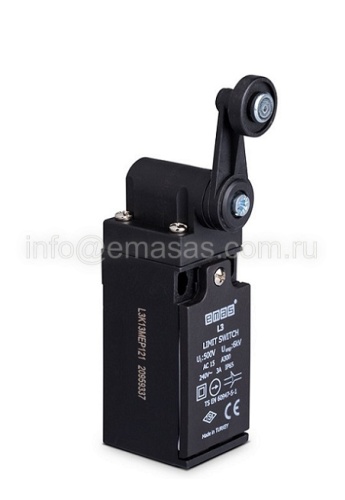 Выключатель концевой синхроного переключения угловой 2-х направленный с пластмассовой консолью и пластмассовым роликом Ф18мм (1НО+1НЗ), L3K23MEP121 | код L3K23MEP121 | EMAS