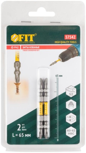 Биты кованые, сталь S2, двусторонние 65 мм PH2/РН2, Профи 2 шт., блистер | код 57542 | FIT фото 3