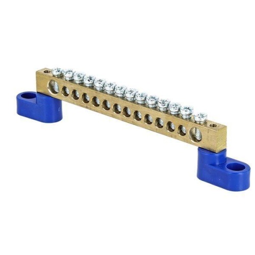 Шина "0" N (6х9мм) 14 отверстий латунь 2 синих угловых изолятора розничный стикер PROxima | код sn0-63-14-2-r | EKF Шина "0" N (6х9мм) 14 отверстий латунь 2 синих угловых изолятора розничный стикер PROxima | код sn0-63-14-2-r | EKF