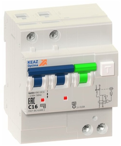 АВДТ с защитой от сверхтоков OptiDin VD63-22C10-A-УХЛ4 (2P, C10, 30mA) 10кА | код 353069 | КЭАЗ АВДТ с защитой от сверхтоков OptiDin VD63-22C10-A-УХЛ4 (2P, C10, 30mA) 10кА | код 353069 | КЭАЗ