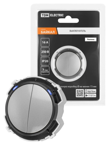 Выключатель 2-кл. 16А 250В проходной кнопочный механизм платина, Байкал TDM | код SQ1819-0325 | TDM