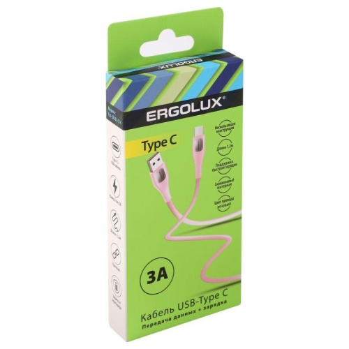 Кабель USB-Type C ELX-CDC02-C14 3А 1.2м зарядка+передача данных коробка роз. Ergolux 15302 фото 2