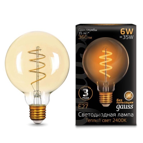 Лампа светодиодная филаментная Filament 6Вт G95 2400К тепл. бел. E27 360лм flexible golden | код 105802007 | Gauss