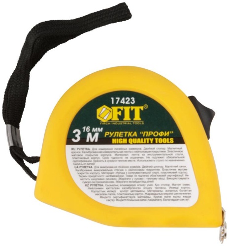 Рулетка Профи, калибр.лента, нейлон.покр., магн.крючок, эласт.корпус черн-желт., двойн.стопор 3 м х 16 мм | код 17423 | FIT фото 2