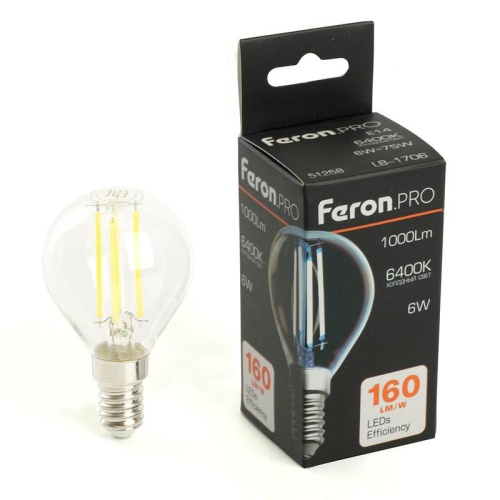 Лампа светодиодная LED 6вт Е14 дневной шар FILAMENT Feron.PRO | код 51258 | Feron