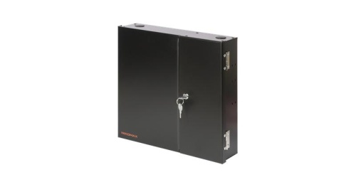 Оптический кросс NIKOMAX Premium Line, настенный, до 48 SC/LC портов или 24 FC/ST портов, стальной, с ключом, черный, в комплекте: сплайс-кассета и КДЗС | код NMF-WP48-BLANK-IB-P-BK | NIKOMAX