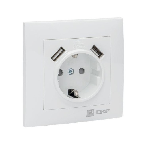 Валенсия розетка 1-местная с/з 16А белая с защ, штор, с 2 USB 2,1А PROxima | код EWR16-028-10-2USB | EKF