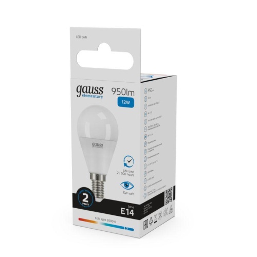 Лампа светодиодная Elementary 12Вт Шар 6500К E14 950лм | код 53132 | Gauss фото 3