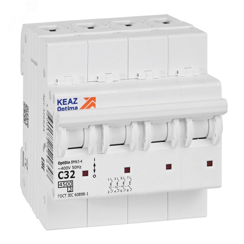 Выключатель автоматический четырехполюсный 32А C 4,5кА AC OptiDin BM63-4C32-4,5-УХЛ3 | код 326824 | КЭАЗ