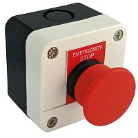 Кнопочный пост RUICHI GB2-B164H29, NC-(NO) - аварийная остановка электрооборудования, без фиксации, IP65/IP66, 10 А, 68х68 мм, открытой установки, черный/серый, кнопка красная EMERGENCY STOP | код 66160 | Ruichi