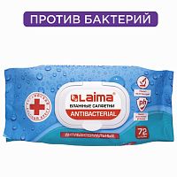 Салфетки влажные 72 шт., LAIMA/ЛАЙМА Antibacterial, антибактериальные, клапан крышка | код 129997 | LAIMA