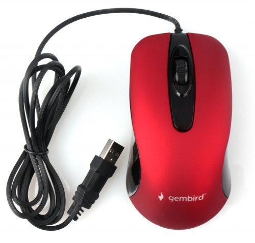 Мышь Gembird MOP-400-R, USB, красный, бесшумный клик, 2 кнопки+колесо кнопка, 1000 DPI, soft-touch, кабель 1.45м, блистер | код MOP-400-R | Gembird