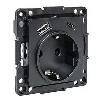 Стокгольм Механизм Розетки 1-местной с/з, USB A+C 16А винтовые клеммы черный с защ. штор. EKF | код EZR16-2USB-typeA-typeC | EKF