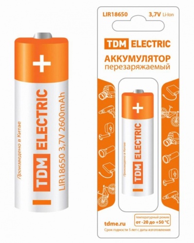 Аккумулятор LIR18650 3,7 В 2600 мА*ч Li-Ion, с защитой, BP-1, TDM | код SQ1702-0088 | TDM