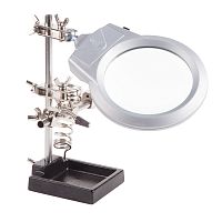 Держатель Третья рука REXANT, 2 зажима, чугун, лупа 90 мм, подставка паяльника, LED подсветка | код 12-0253 | REXANT