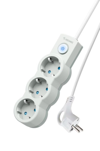 Удлинитель 3х5м ПВС 3х0.75 с защ. шторк. с заземл. IP20 с выкл. 220В 10А 2200Вт бел. | код YKsm5m-3g-Z-V10A-W | КОСМОС