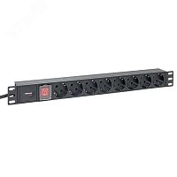 Блок розеток PDU TERACOM PRO 19'' 1U 16А/250В 8 розеток Schuko с выключателем шнур питания длиной 2 метра сечение 3x1.5 мм2 вилка Schuko корпус алюминий черный | код TRP-HPD-LS-16A-8SH-2MSH | EKF