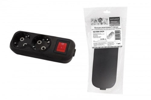 Колодка розеточная 2 гнезда 2П+3 c выключателем 16А 250В черная серии Народная | код SQ1806-0424 | TDM НАРОДНЫЙ