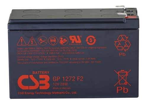 CSB GP1272(28W) Аккумуляторная батарея для ИБП, напряжение: 12В, ёмкость: 7Ач, клеммы типа: F2, Размеры ДШВ: 150,9х64,8х98,6мм, вес: 2,1кг. Срок службы: 5 лет. | код CSB GP1272 F2 (12V28W) | CSB