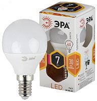 Лампа светодиодная LED P45-7W-827-E14 (диод, шар, 7Вт, тепл, E14, (10/100/3600) | код Б0020548 | ЭРА